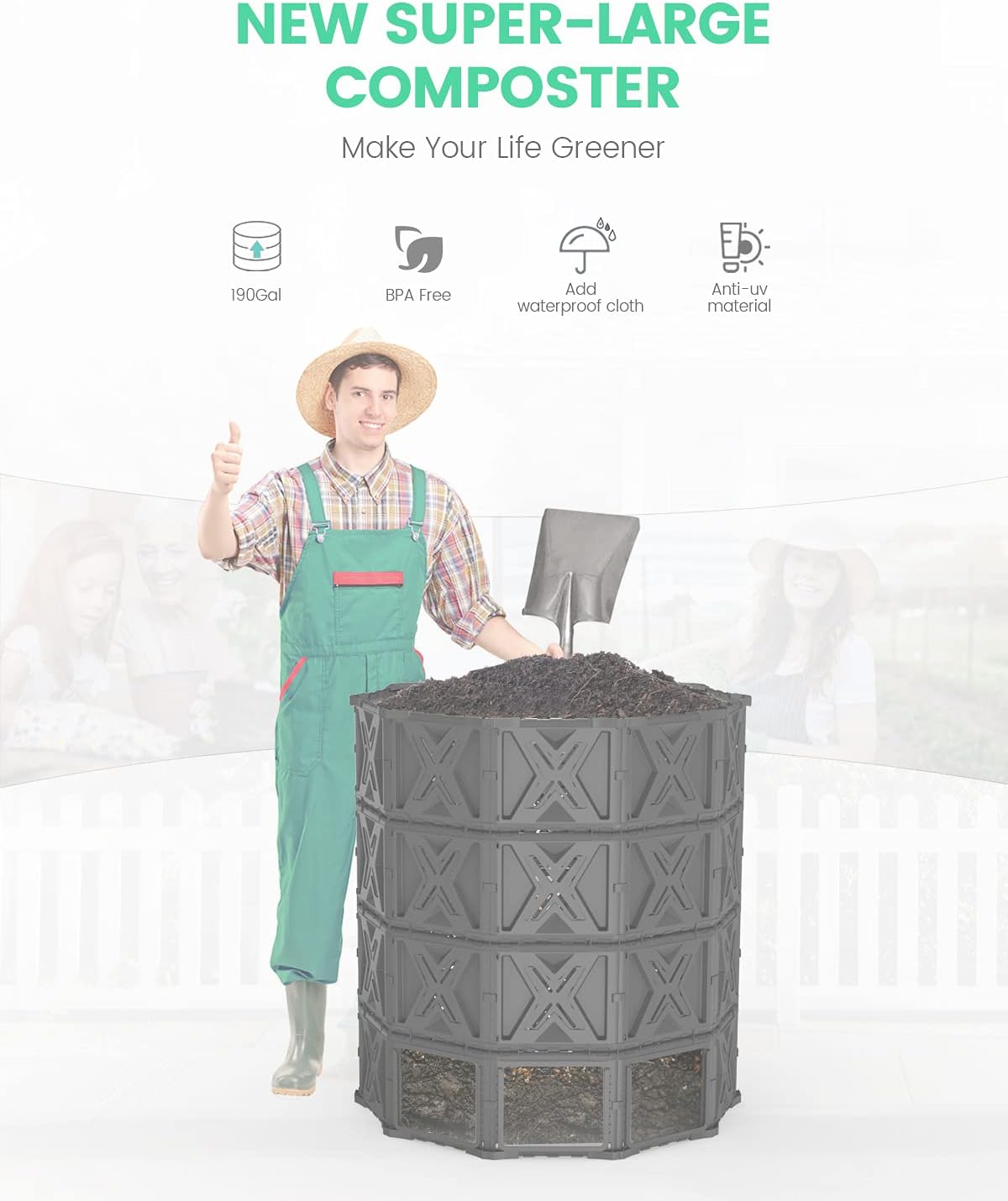 Large Compost Bin - 190 Gallon (720 L) Garden Composter with Better Aeration System, Easy Assembling/BPA Free/Sturdy/Outdoor Compost Tumbler