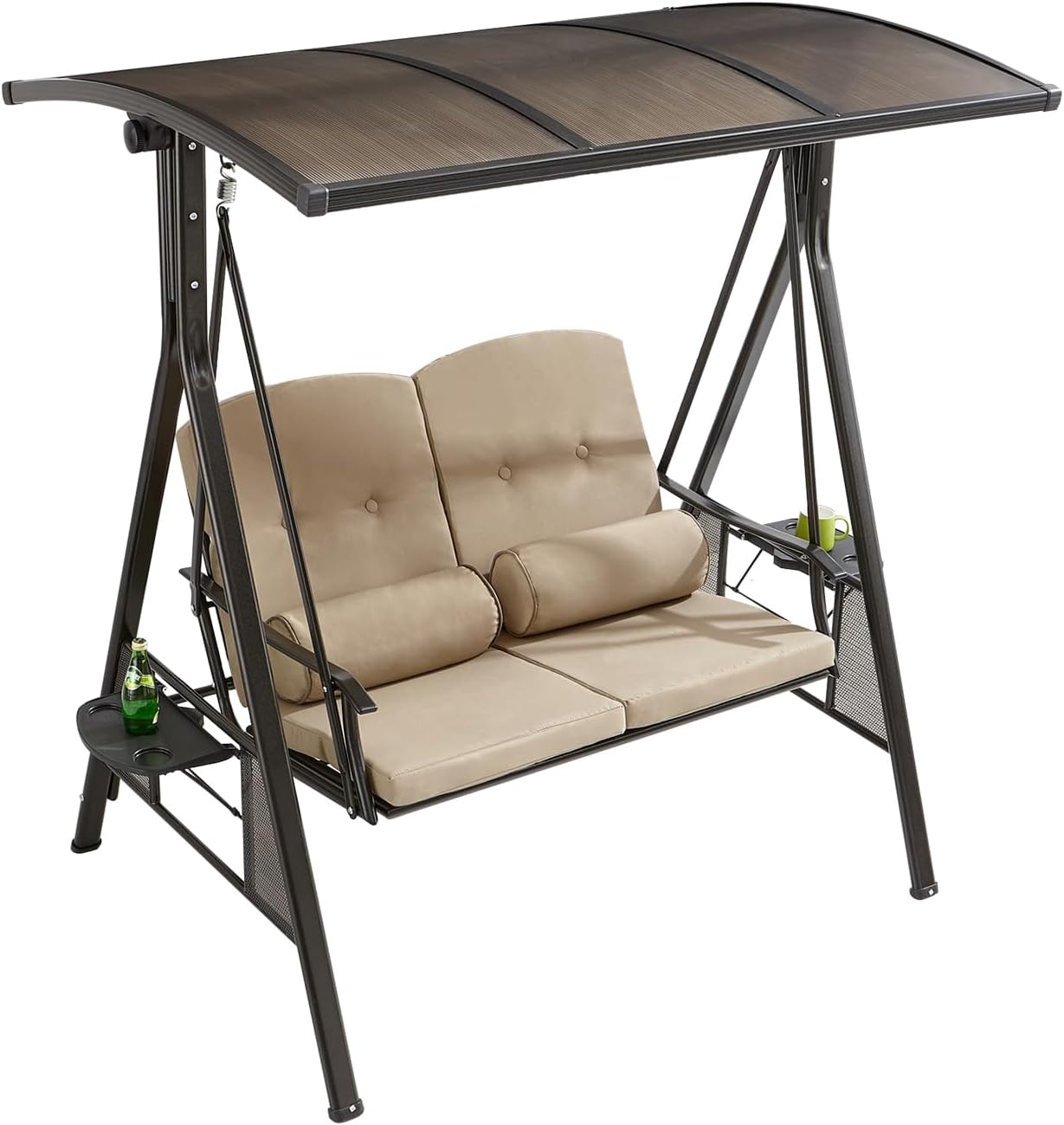 2/3-Seat Outdoor Patio Porch Swing with Adjustable Aluminum Alloy Canopy Solar Patio Swing Chair Bench with Footrest Side Cup Holder for Backyard Lawn (Panama-2 Seat)