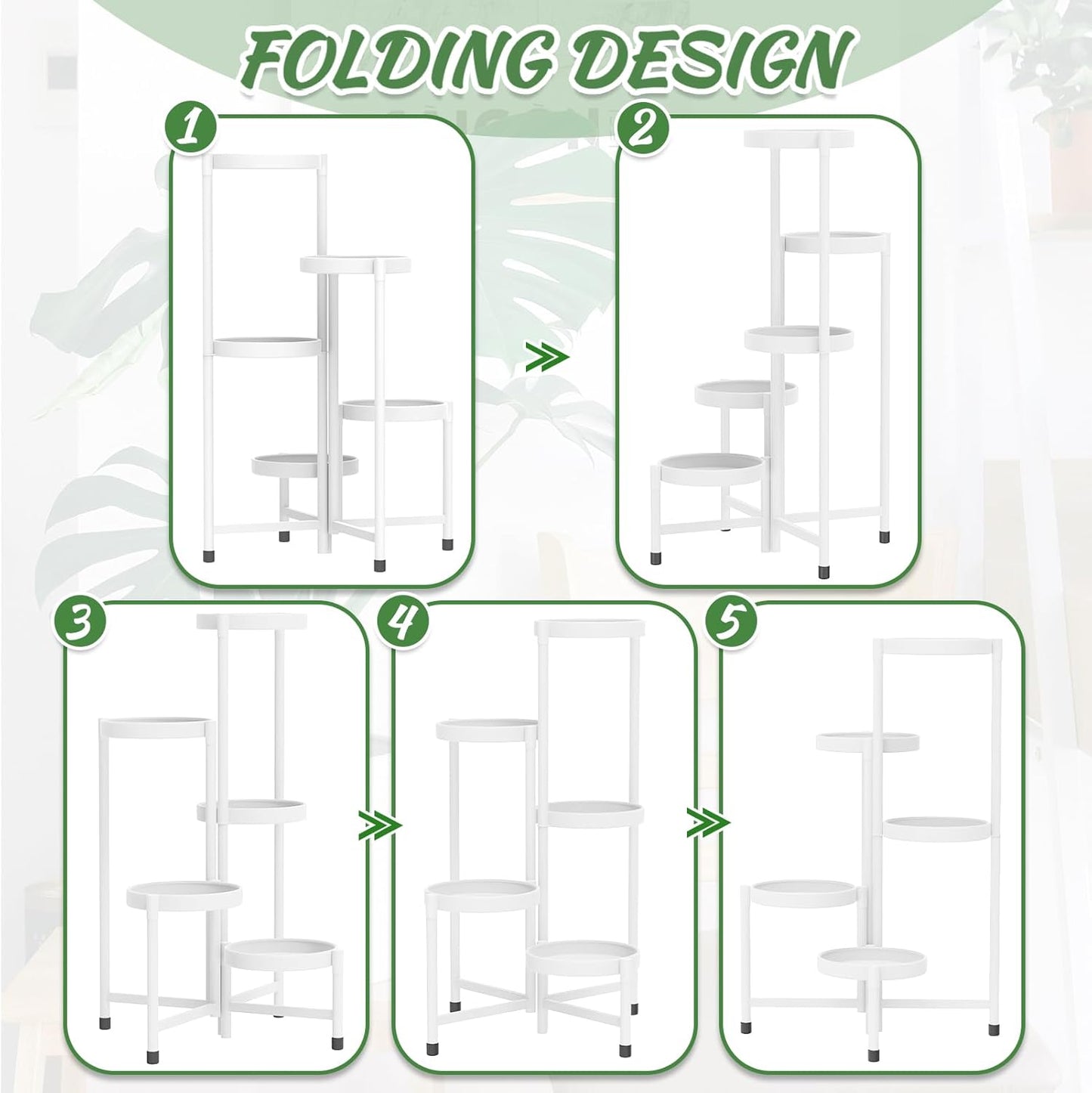 iDavosic.ly Plant Stand Indoor Outdoor, 5 Tier Corner Metal Flower Display Holder Shelf, Folding Tall Orchid Rack for Patio Balcony Porch Garden Living Room House, White