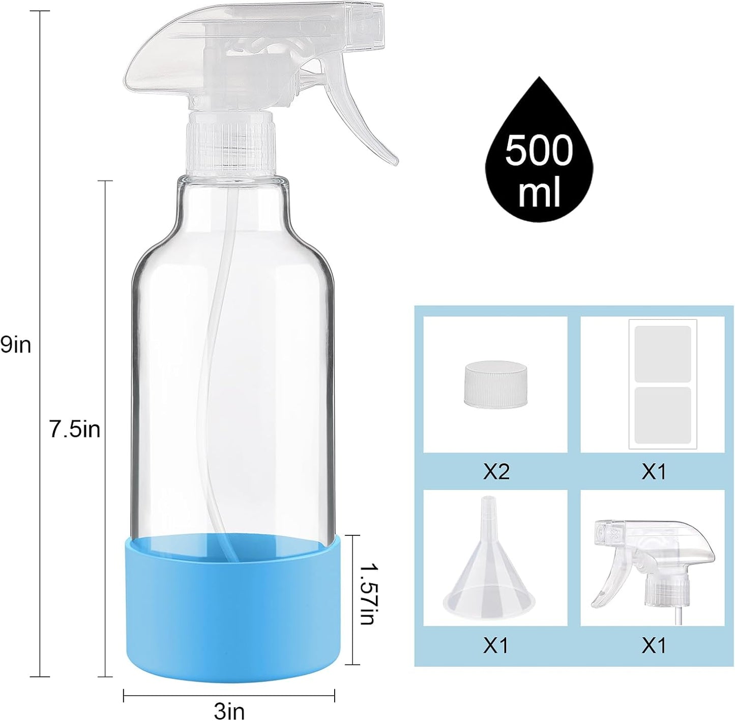 Glass Spray Bottles with Silicone Sleeve, 2 Pack 16.9oz Refillable Containers with Adjustable Spray Nozzles, Empty Spray Bottle for Cleaning Solutions, Hair, Plants (Blue+Grey)