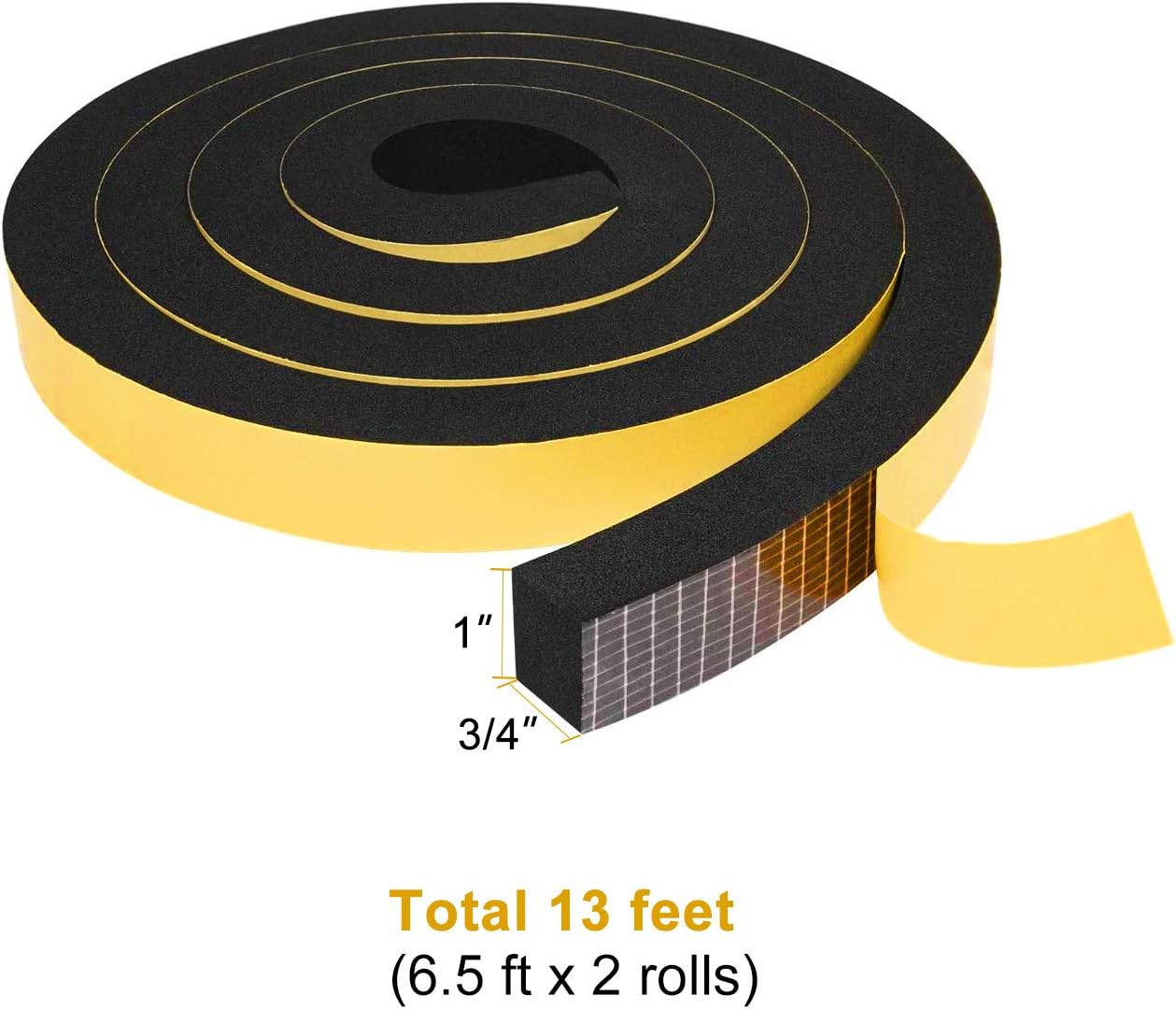 TORRAMI Foam Seal Tape 1 inch W x 3/4 inch T x 6.5 Ft Length,High Density Foam Weather Strip Neoprene Stripping with Adhesive (Total 13 Ft Length, 2 Rolls of 6.5 Ft Each)