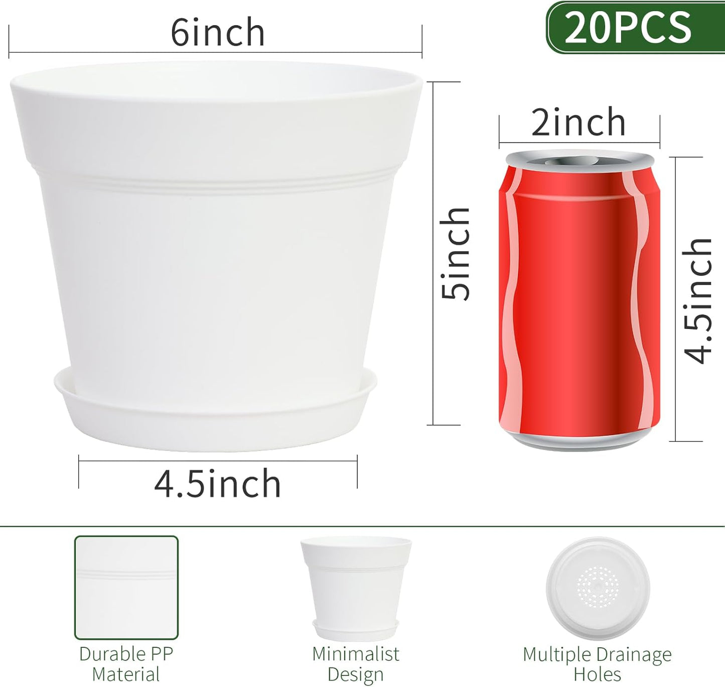 GARDIFE 20 Pack 6 inch Plant pots, planters for Indoor Plants, Flower pots, White