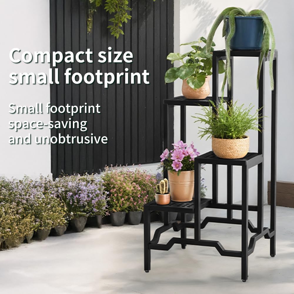 Plant Stand - Aluminum Indoor/Outdoor Flower Rack, Waterproof & Rust-Proof, Stable Support for Pots, Perfect for Living Room, Balcony, Garden, and Office (Black, 4 Tier)