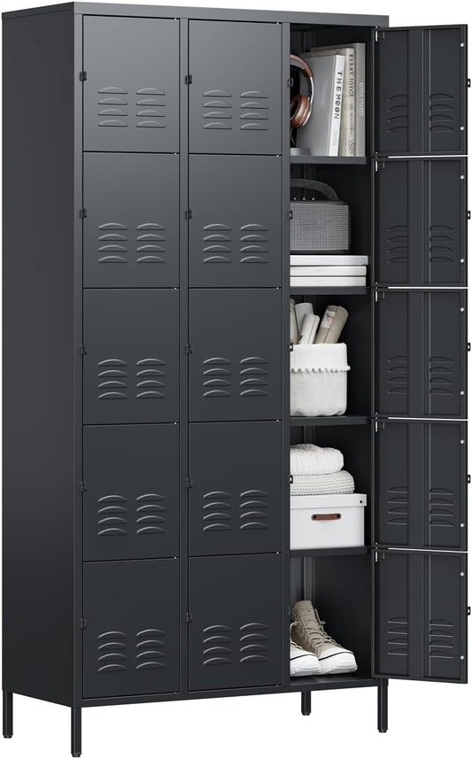 Letaya Metal Lockers for Employees-15 Door Storage Locker with Shelves and Lockable Steel Cabinet for School,Gym,Office,Staff(Black, 15 Door)