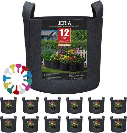JERIA 12-Pack 5 Gallon, Vegetable/Flower/Plant Grow Bags, Aeration Fabric Pots with Handles (Black), Come with 12 Pcs Plant Labels