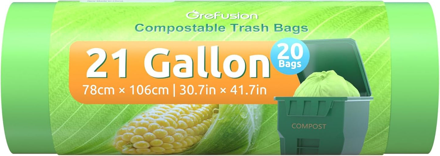 Compostable Trash Bags 21 gallon,20 Count,Extra Thick 1.28 Mills,Fits13-25 gallon trash can, Extra Strong and thick,Compostable Lawn & Leaf Yard Waste bags,ASTM D6400,Bpi Certified