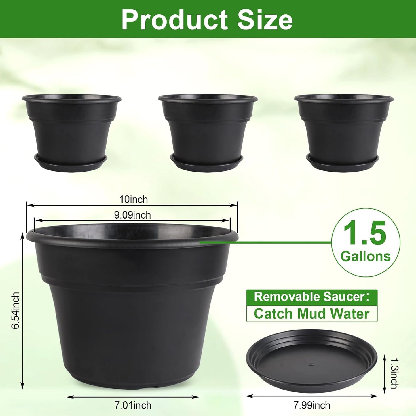 10-inch-Plant-Pots-Indoor-Outdoor, 4 Pack Plastic Planters with Drainage Holes & Saucers, Resin Flower Pots with Trays, Classic Garden Pot Container for House