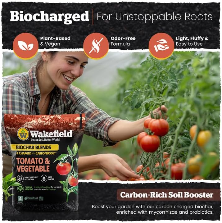 Wakefield Premium Biochar Blend – Organic Potting Soil for Vegetables, Tomatoes & Gardens – Potting Mix Enriched with Humic Acid & CarbonBoost – Versatile Top Soil for Indoor & Outdoor Plants-4quarts