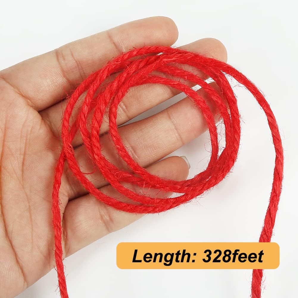 Tenn Well Red Jute Twine, 328 Feet 3mm Thick Craft Twine Packing String for Gift Wrapping, Gardening, DIY Projects