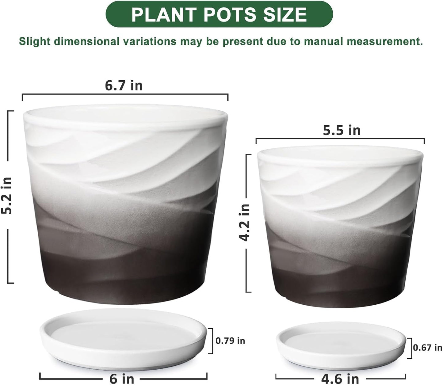 Ceramic Plant Pots,6.7 + 5.5 Inch,Set of 2,Planters with Drainage Hole and Saucer,Flower pots for Indoor Plants,Modern Design(Dark Gray+White)