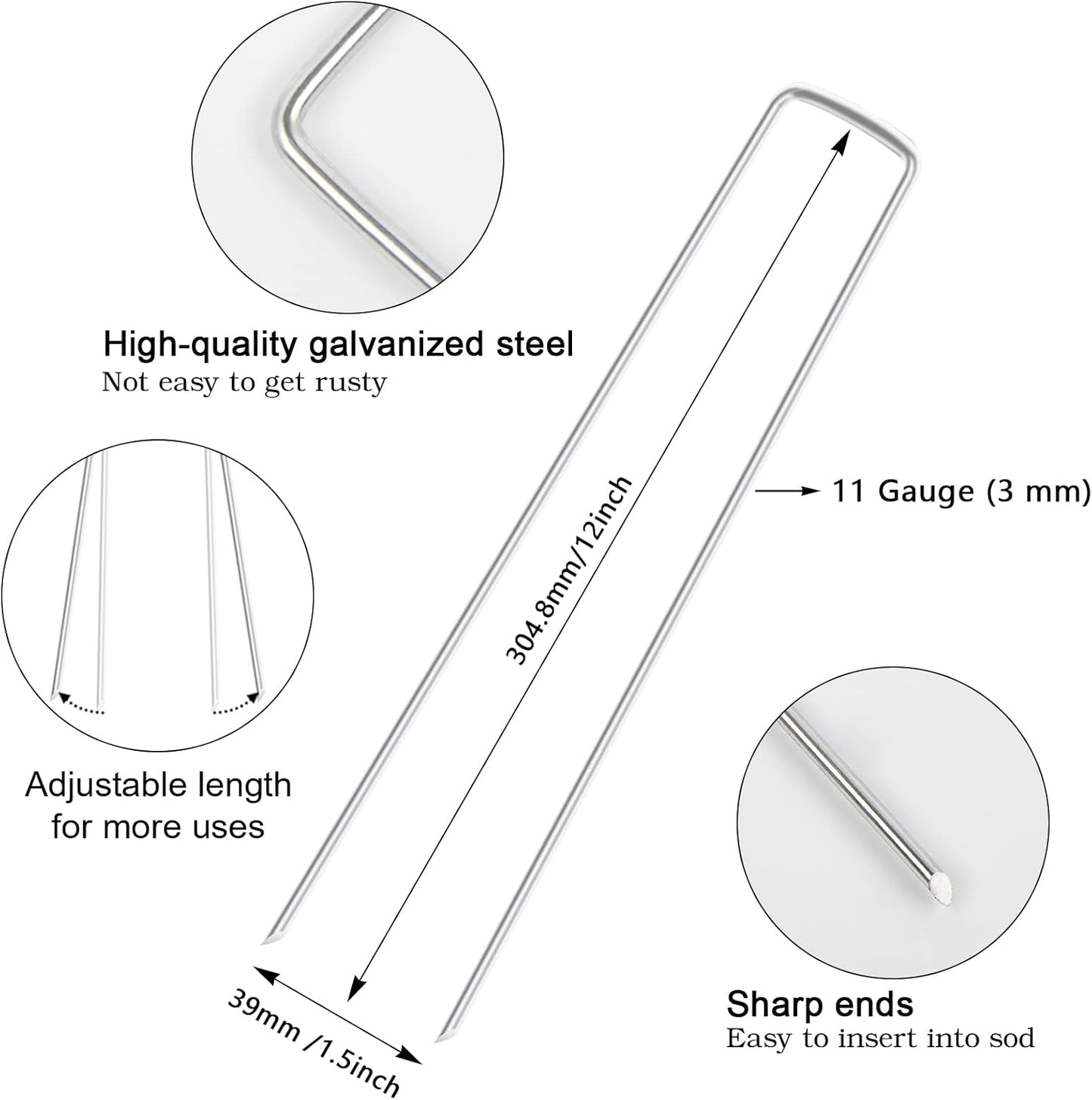 FEED GARDEN 12 Inch 50 Pack Galvanized Landscape Staples 11 Gauge Anti-Rust Garden Stakes Landscaping Fabric SOD Pins Yard Stakes for Weed Barrier Fabric