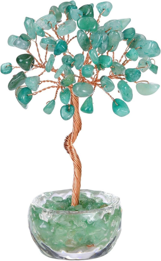Jovivi Small Green Aventurine Crystal Tree, Natural Crystal Healing Stones Tree Glass Bowl Base Gemstone Money Trees Feng Shui Good Luck Home Desk Decor