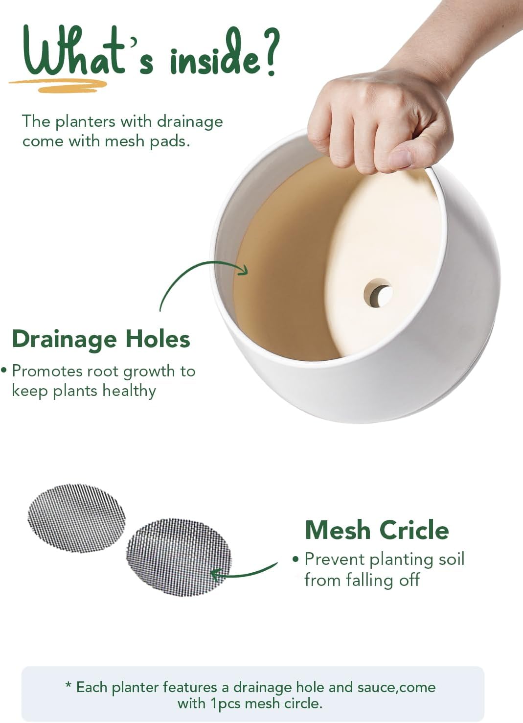 LE TAUCI Ceramic Plant Pots, 4.1+5.1+6.5 inch, Set of 3, Planters with Drainage Hole and Saucer, Indoor Flower Pot with Hole Mesh Pad, Gifts for Mom, White