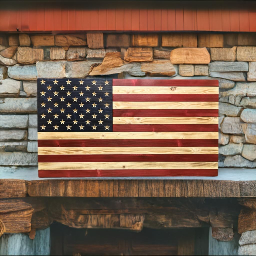 Rustic Wooden American Flag, Patriotic Wall Art (Natural Finish, 19.5x36)