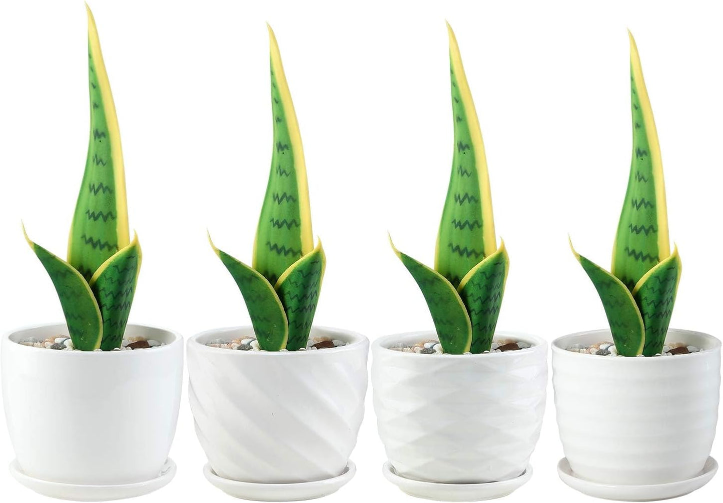 Plant Pots - 4.7 Inch Cylinder Ceramic Planters with Connected Saucer, Pots for Succuelnt and Little Snake Plants, Set of 4, White