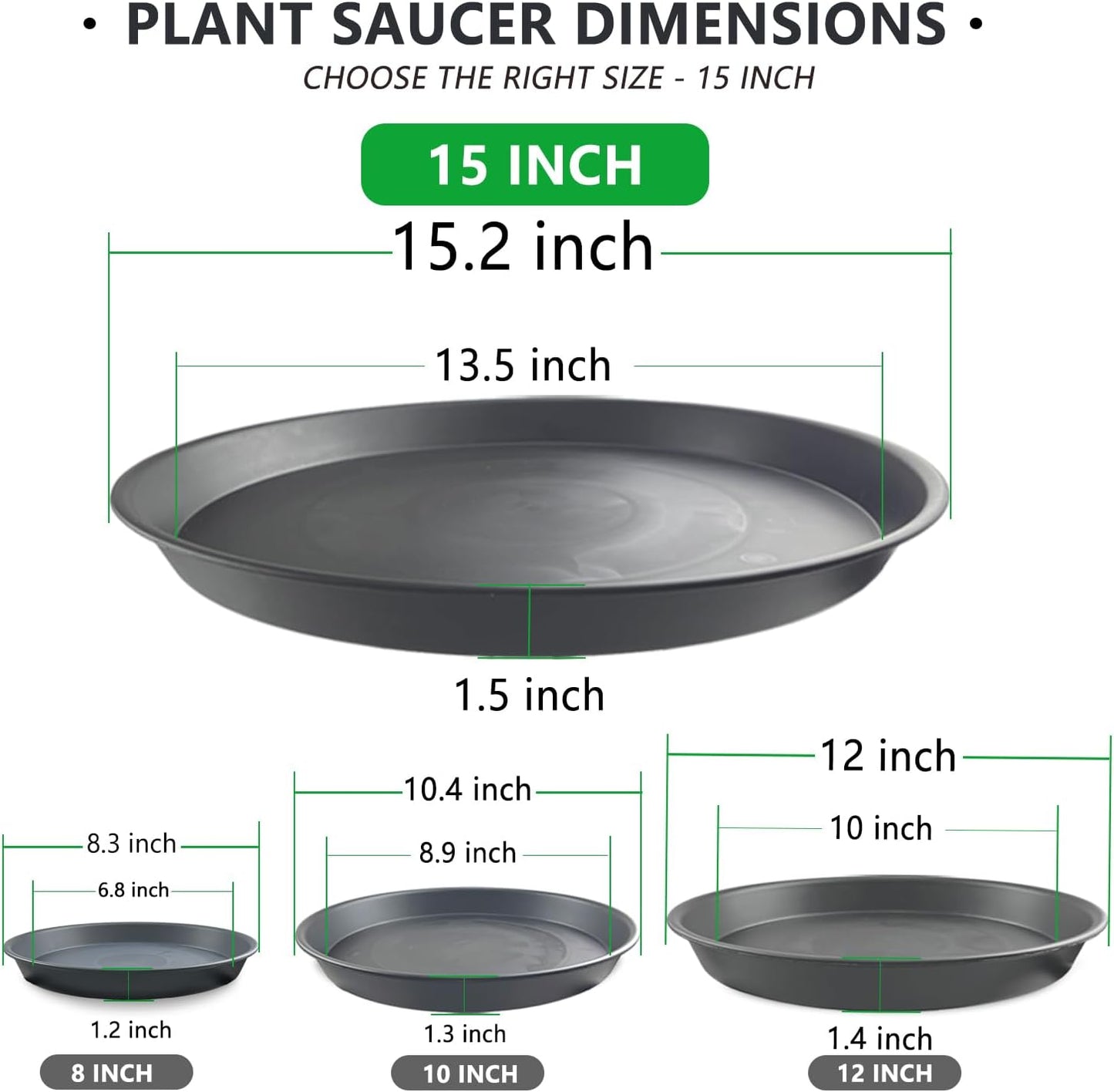 6 Pack 15 Inch Gray Plant Saucer Trays, Heavy Duty Plastic Planter Bases for Big Flower Pots, Durable Water Catcher Plates Indoor Outdoor Use