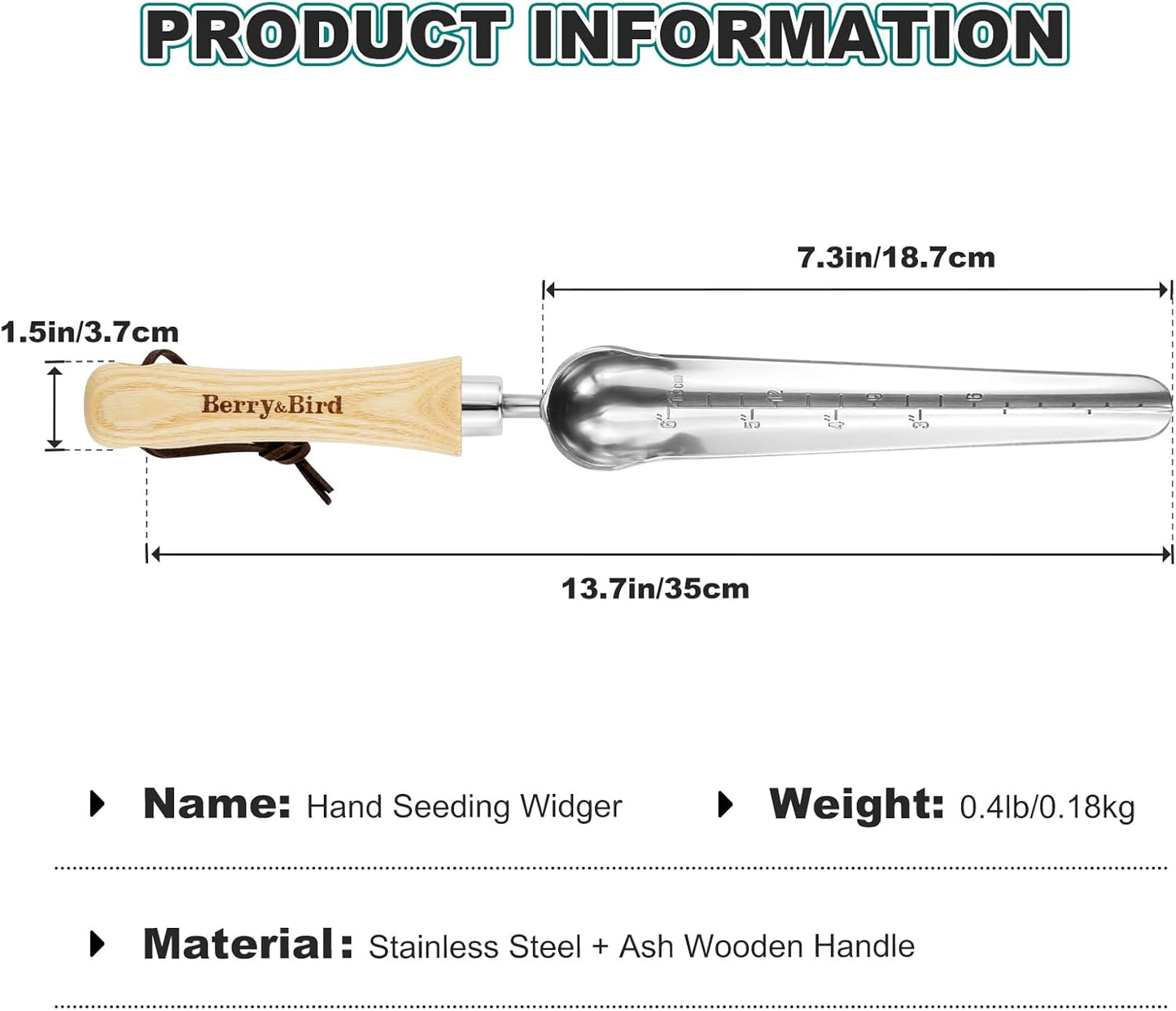 Berry&Bird Seeding Widger,Stainless Steel Seed Dibber Tool with Measuring Scale,Wooden Handle Garden Bulb Trowel for Seed Planting Tool Hand Shovel Planter Transplanter Dibber Soil Digginng