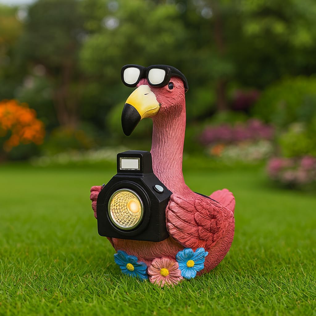 Solar Flamingo Garden Statue with Camera Light – 5.5in Tall Solar Powered Outdoor Figurine for Yard, Patio, Balcony – Funny Garden Decor, Gift for Women (Flamingo)