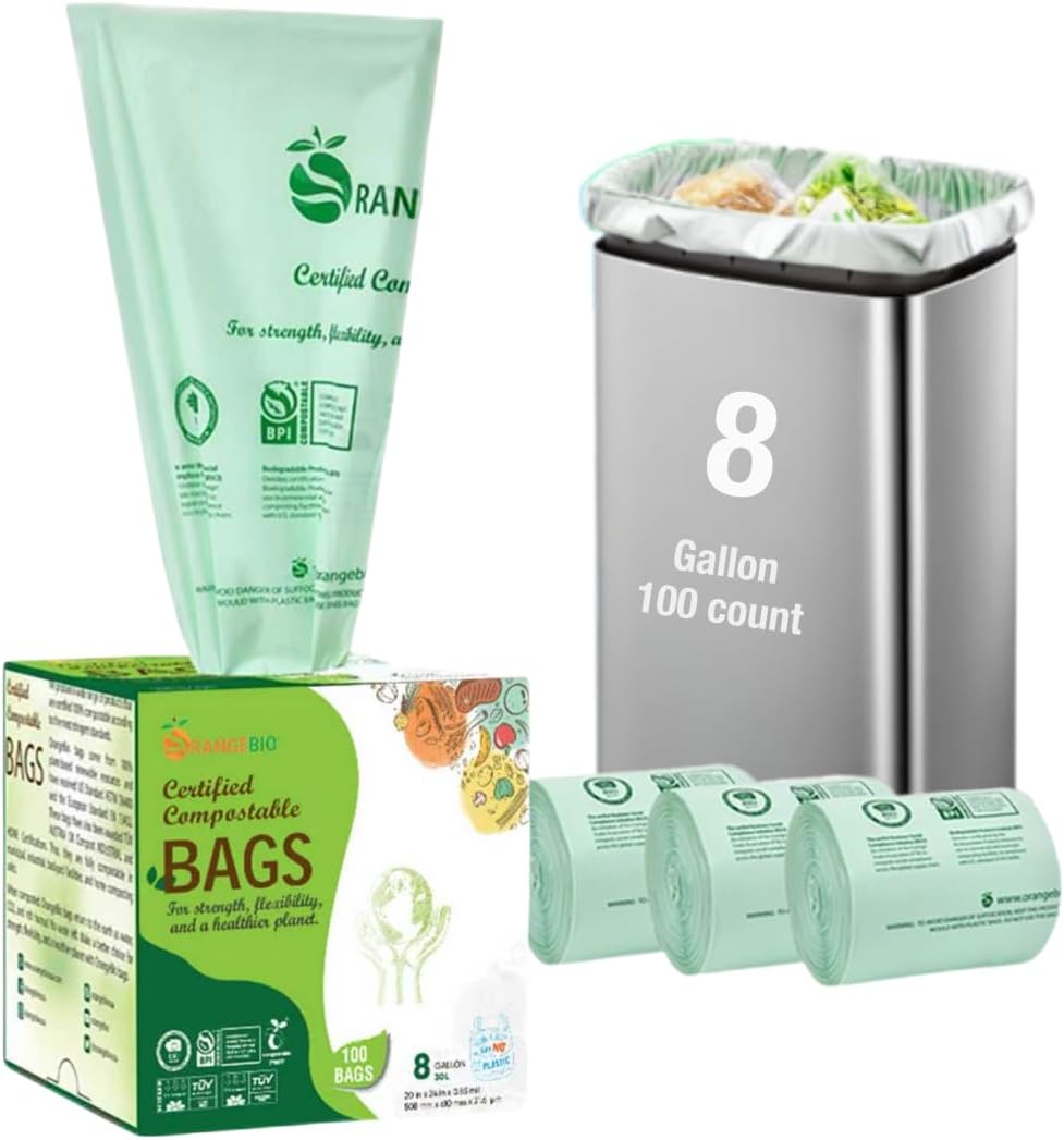 6~8 Gallon Compostable Trash Bags, 100 Count, Plant-Based Garbage Bags for Kitchen, Bathroom, Office & Food Waste – Durable, Leak-Proof, ASTM D6400 & BPI Certified