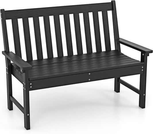 Giantex Outdoor Bench, 52-Inch Outside Bench All-Weather HDPE Park Bench with Backrest and Armrests, 705 lbs Weight Capacity, 2-Person Slatted Patio Bench for Porch, Yard, Lawn, Garden Bench (Black)