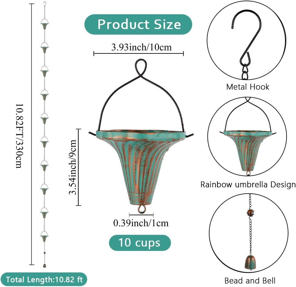 10 Ft Rain Chains for Gutters, Metal Rain Catcher Chain for Eaves Drainage, Rain Gutter Chains with 10 Green Funnel Cups, Adjustable Rain Chain for Outdoor Decor