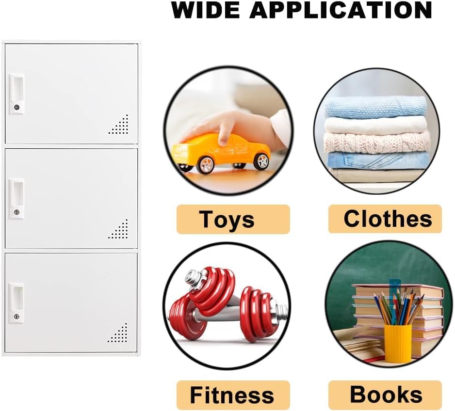 Student Locker Organizer, Multi-Door Steel Locker, Small Locking Cabinet Storage Organizer, Office File Cabinet, Home Locker, Gym Locker, Metal Storage Locker (3 Door, White)