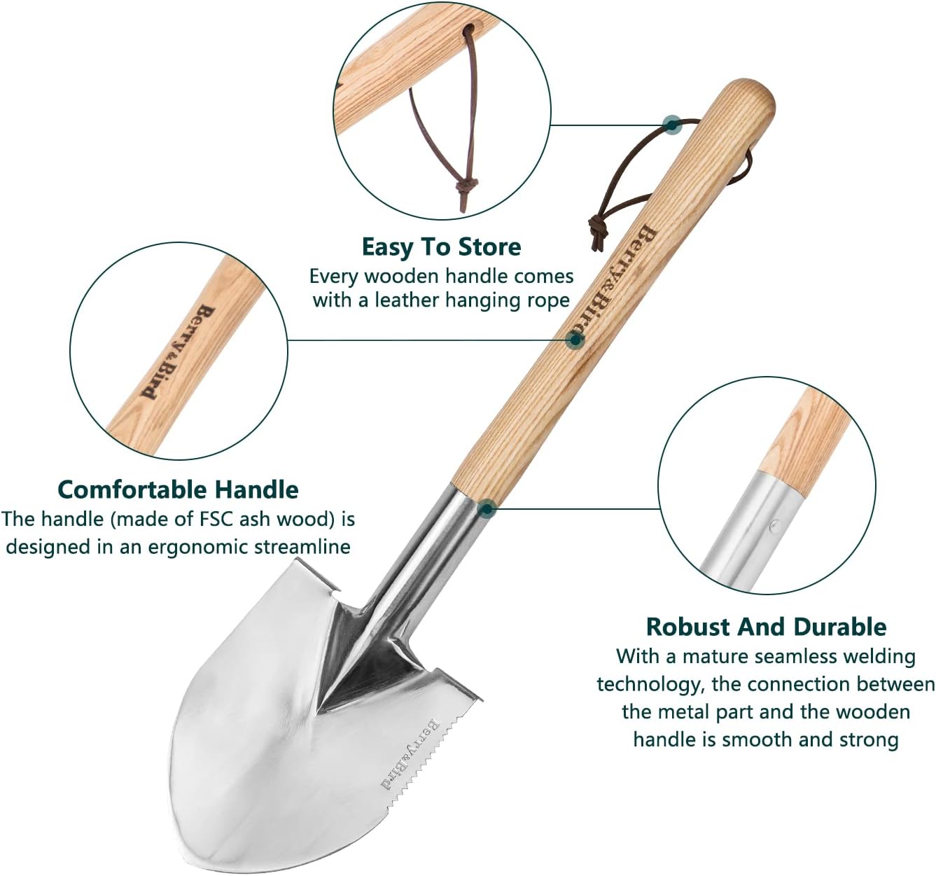 Berry&Bird Short Hand Shovel, 19.8’’ Digging Trowel for Gardening with Wood Handle Stainless Steel Round Point Spade Shovel with Serrated for Cutting, Transplanting & Weeding