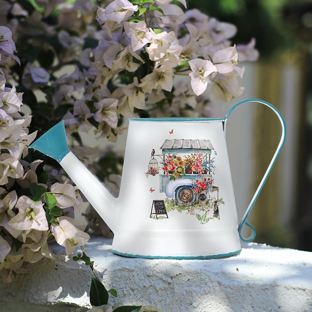 Cute Small Watering Can Indoor Plants Garden Metal Decorative Watering Cans for Outdoor Plants Bonsai Outdoor Garden Flower Decorative (White Blue, 1.5L, 50.7 Oz)