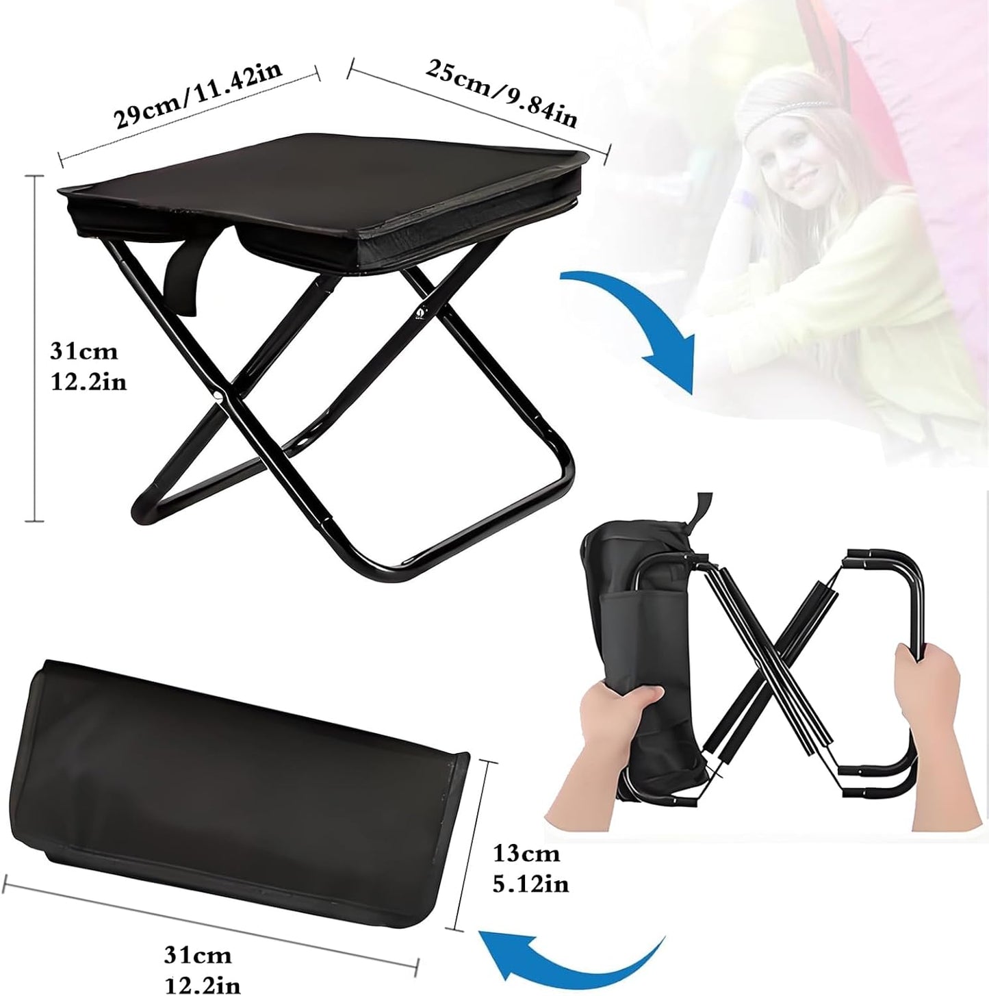 Baiao Camping Stool, Portable Folding Stool with Carry Bag, 13Inch Aluminum Alloy Bracket, 1.5lbs Lightweight, for Travel, Hiking, BBQ, Fishing, Beach(Black)