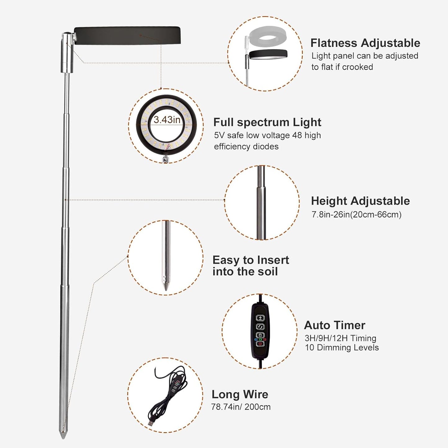 Grow Lights for Indoor Plants Small Potted - Full Spectrum, Auto 3/9/12H Timer, 10-Level Dimming & Adjustable Height - Compact Grow Light for Succulents, Herbs, Foliage in Home/Office (Black,1PACK)