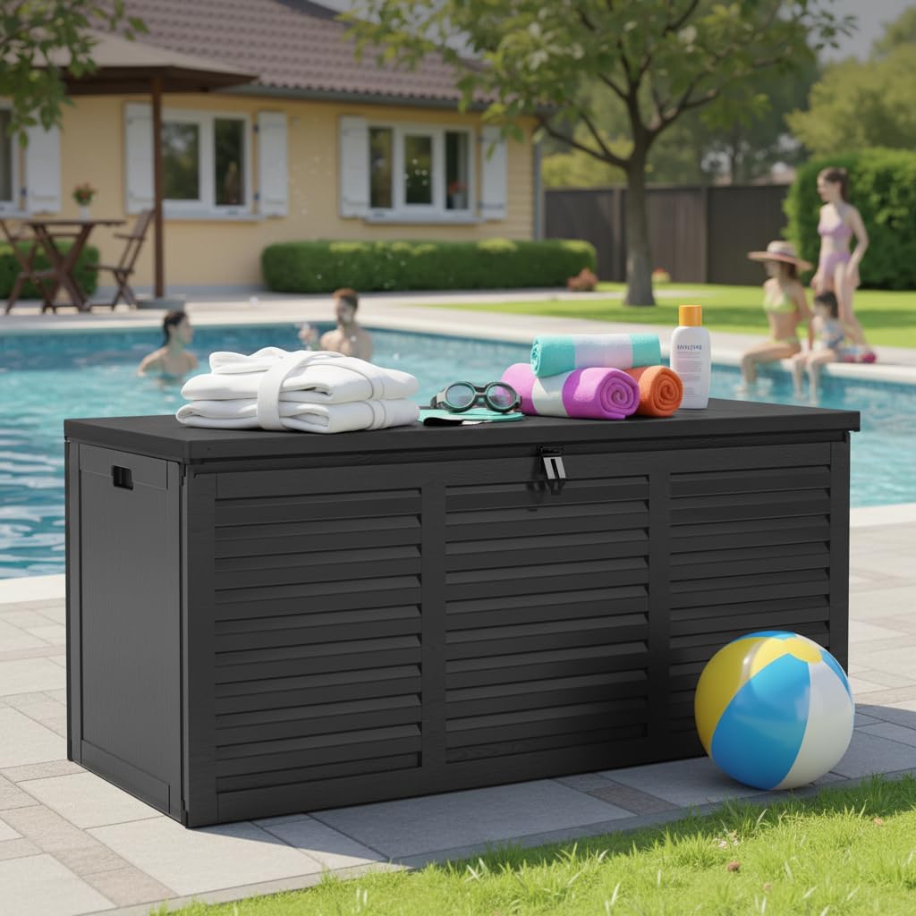 130 Gallon Deck Box Outdoor Waterproof Storage Box Lockable Resin Outdoor Storage Box for Garden Tools Patio Cushions UV-Resistant & Easy Assembled (Black)