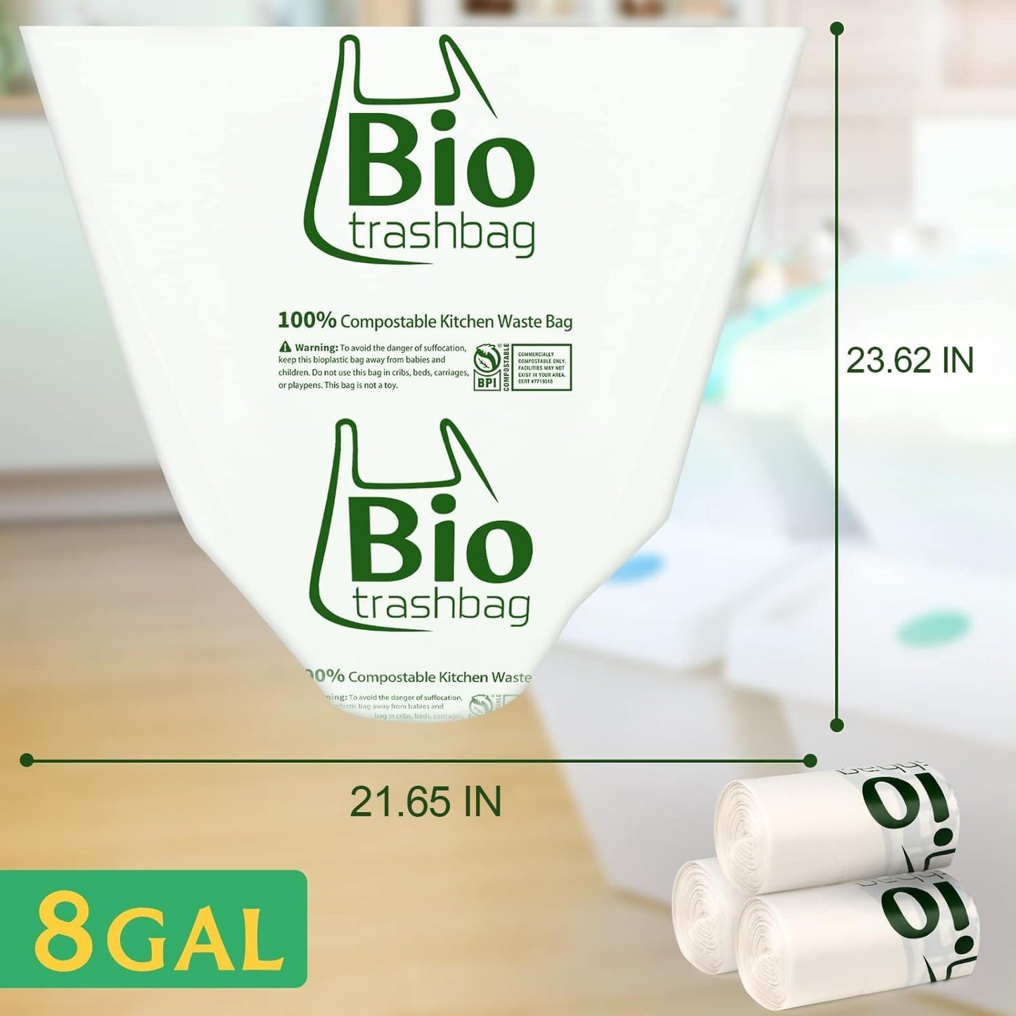 8 Gallon Compostable Trash Bags, 50 Count Flat-Top Trash Bags Biodegradable, Medium Small Food Scrap Waste Bags for Kitchen Bathroom Office Car, Extra Thick Compost Bags White