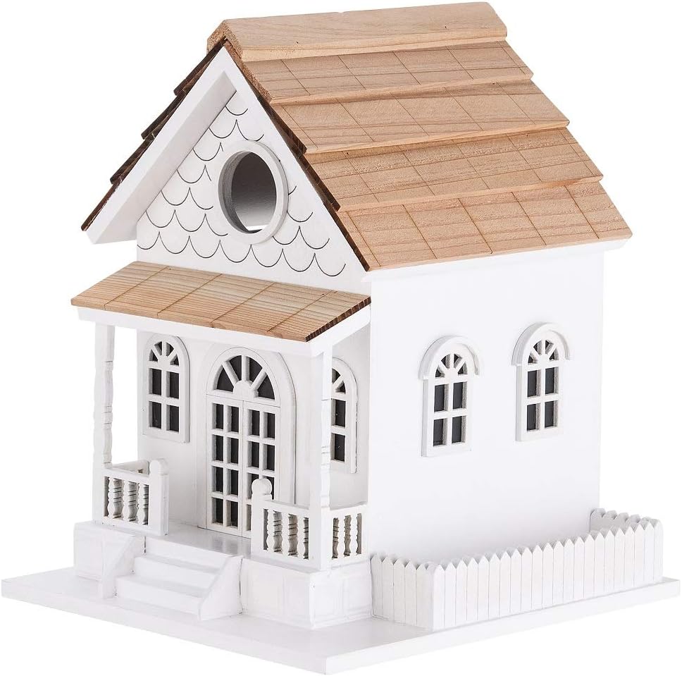 Decorative Wooden Birdhouse for Outdoor Hanging – Handcrafted Miniature Cottage Style with Blue Roof, Front Porch, and Balcony – Garden or Backyard Décor for Wild Birds (Country Colonial)