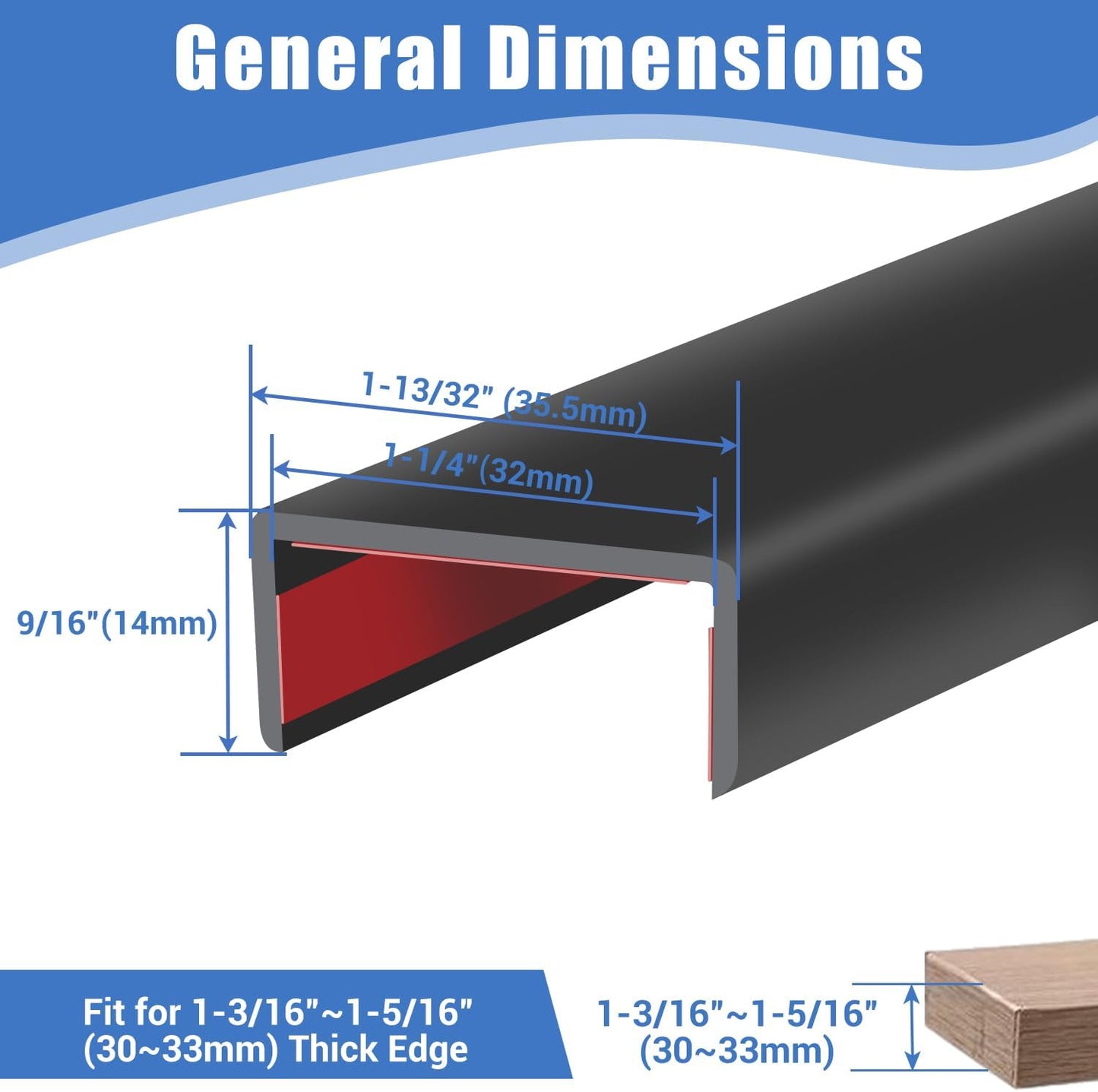 Rubber Edge Trim, Self-Adhesive U Channel Edge Protector for Plywood, Cabinet, 1-1/4" Wood Edge Banding, Flexible Furniture Repair, EPDM Material, Fit 1-1/4"(32mm), Length 10Ft, Black
