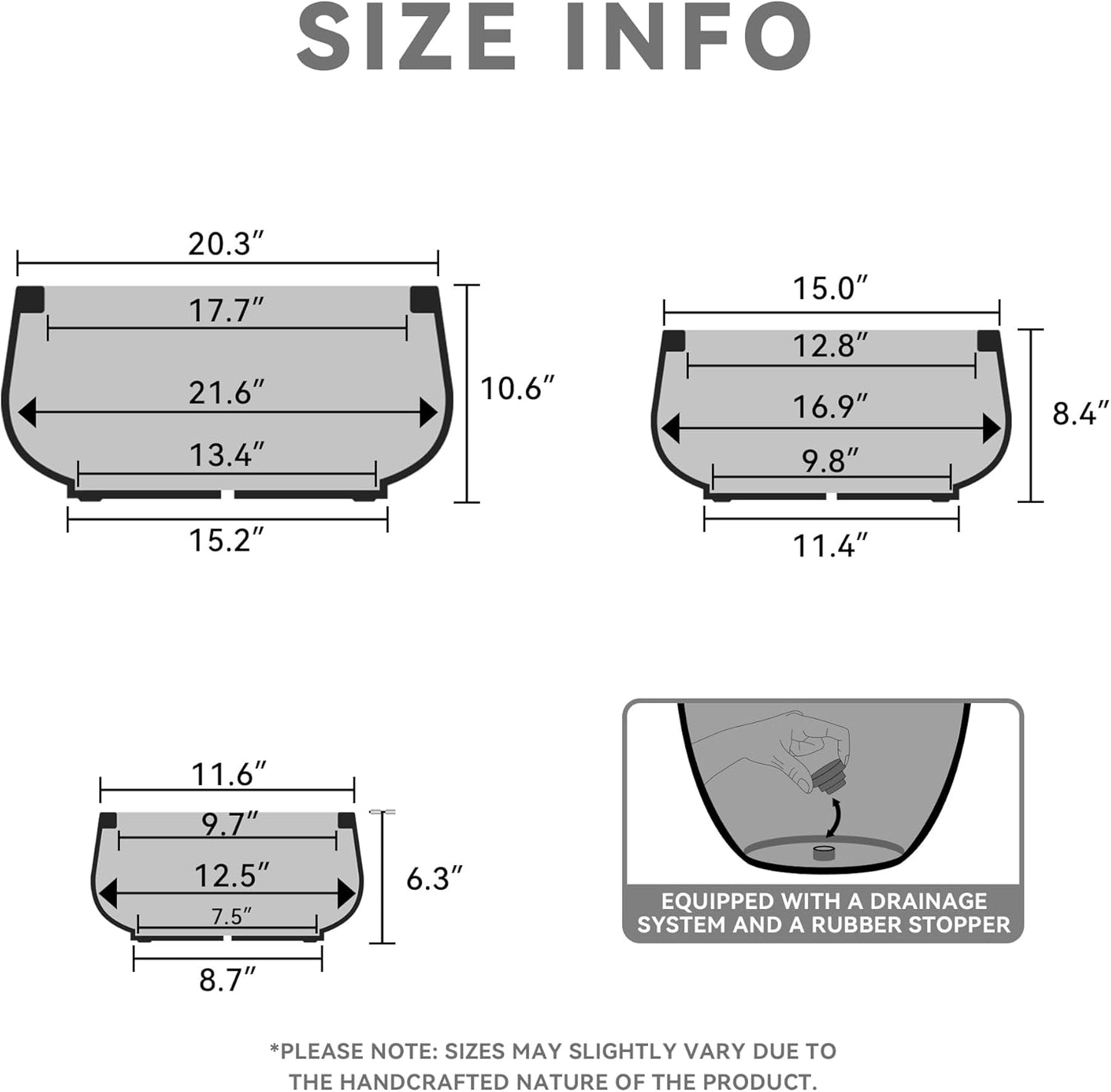 Kante 21.6",16.9",and 12.5" Dia Round Charcoal Elegant Planters (Set of 3), Outdoor Indoor Garden Plant Pot with Drainage Hole and Rubber Plug for Home & Patio