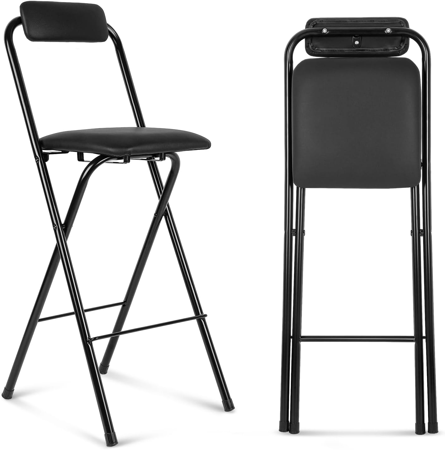 Thyle 1 Pcs Folding Bar Stool with Backrest, Tall Foldable Stool Chair Portable High Folding Bar Chair Counter Height Seat Leather Padded for Kitchen Island Shop Cafe Dining Room Black (25.5 Inch)