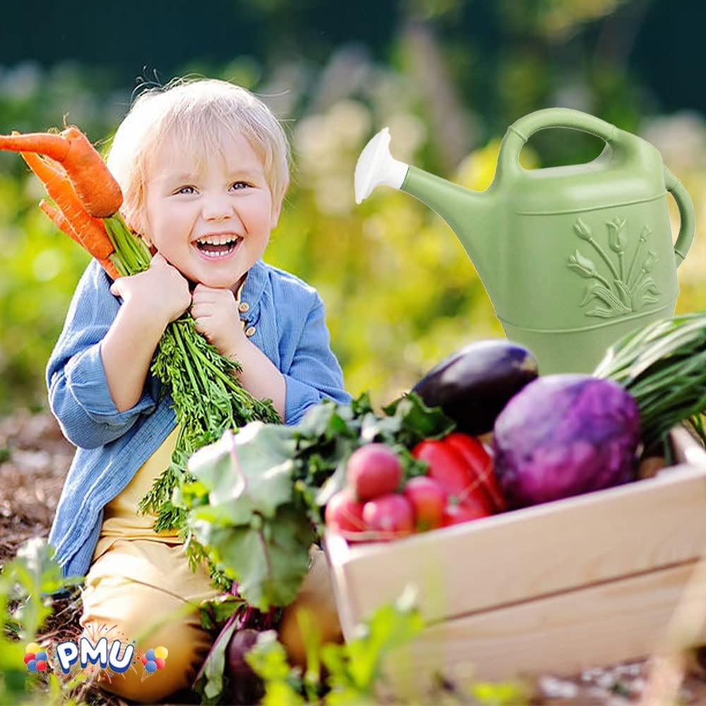 PMU 2 Gallon Watering Can - Garden Watering Can for Indoor & Outdoor Plants - Plastic Water Can with Detachable Sprinkler Head - Large Water Pot, Made in USA - Sage Green Pkg/3