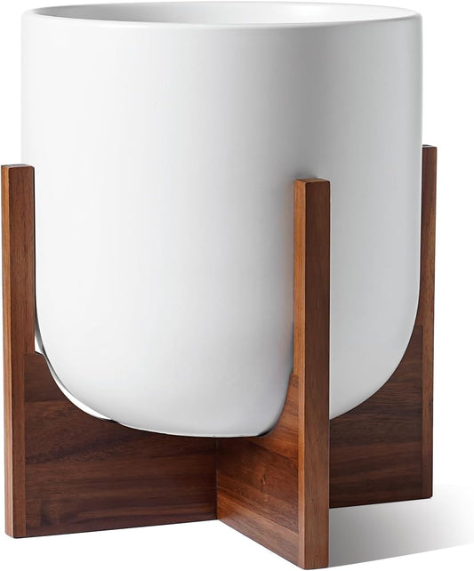 LE TAUCI 12 Inch Pots for Plants with Acacia Wood Stand, Ceramic Large Planters for Indoor Plants, Indoor Plant Pots for Office Living Room, Cylinder Pots for Plants with Drainage Hole and Plug, White