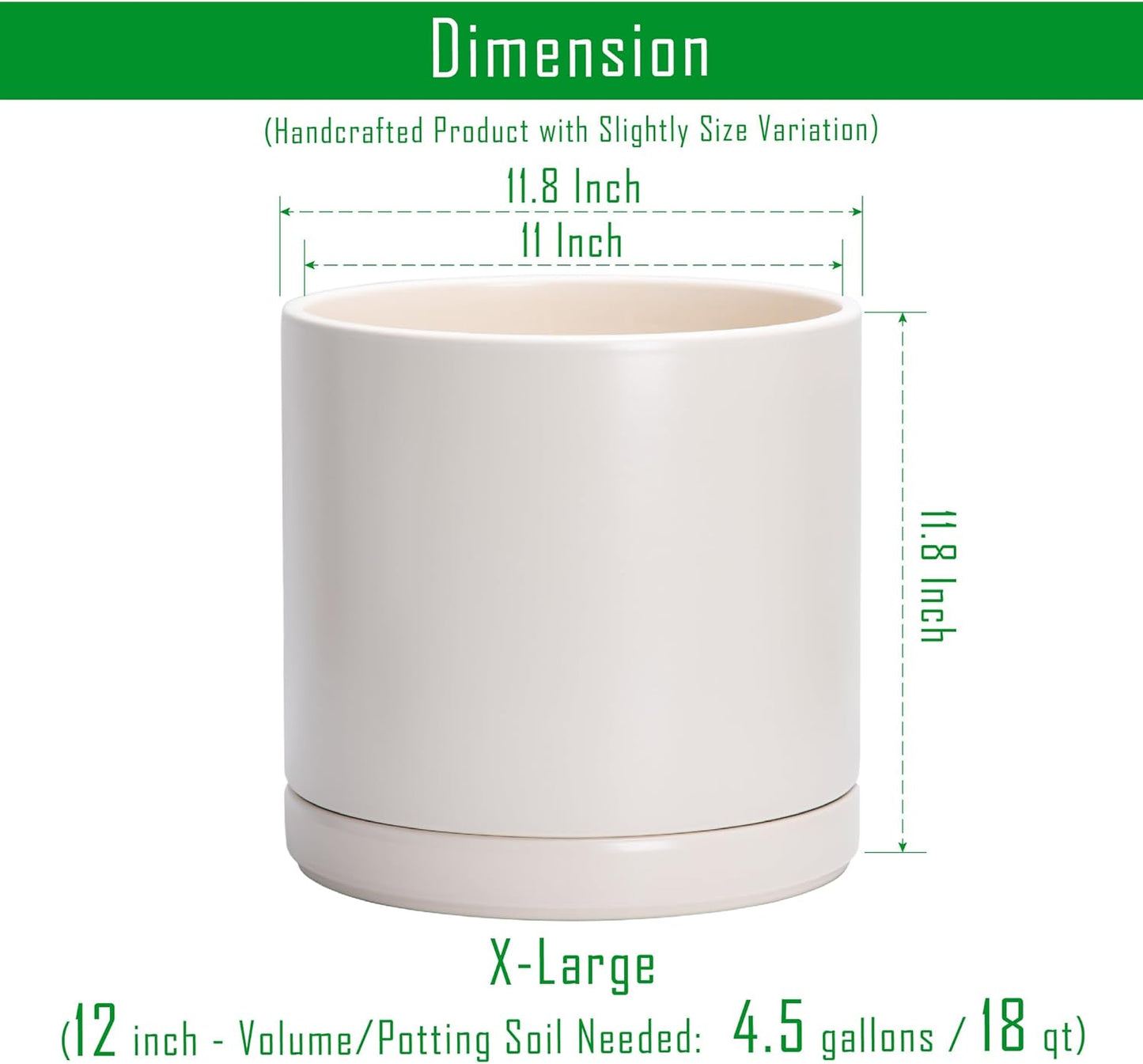 D'vine Dev 12 Inch Ceramic Planter Pot with Drainage Hole and Saucer, Indoor Cylinder Round Planter Pot, Oatmeal, 94-O-F-8