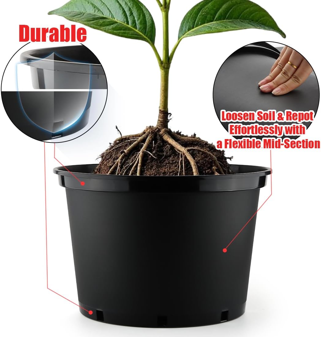 10 Gallon Plastic Nursery Pots, 16 Inch Round Plant Pots with Drainage Holes, 5 Pack Large Garden Flower Pots for Outdoor Indoor Plants, Gardening Gifts for Women, Black