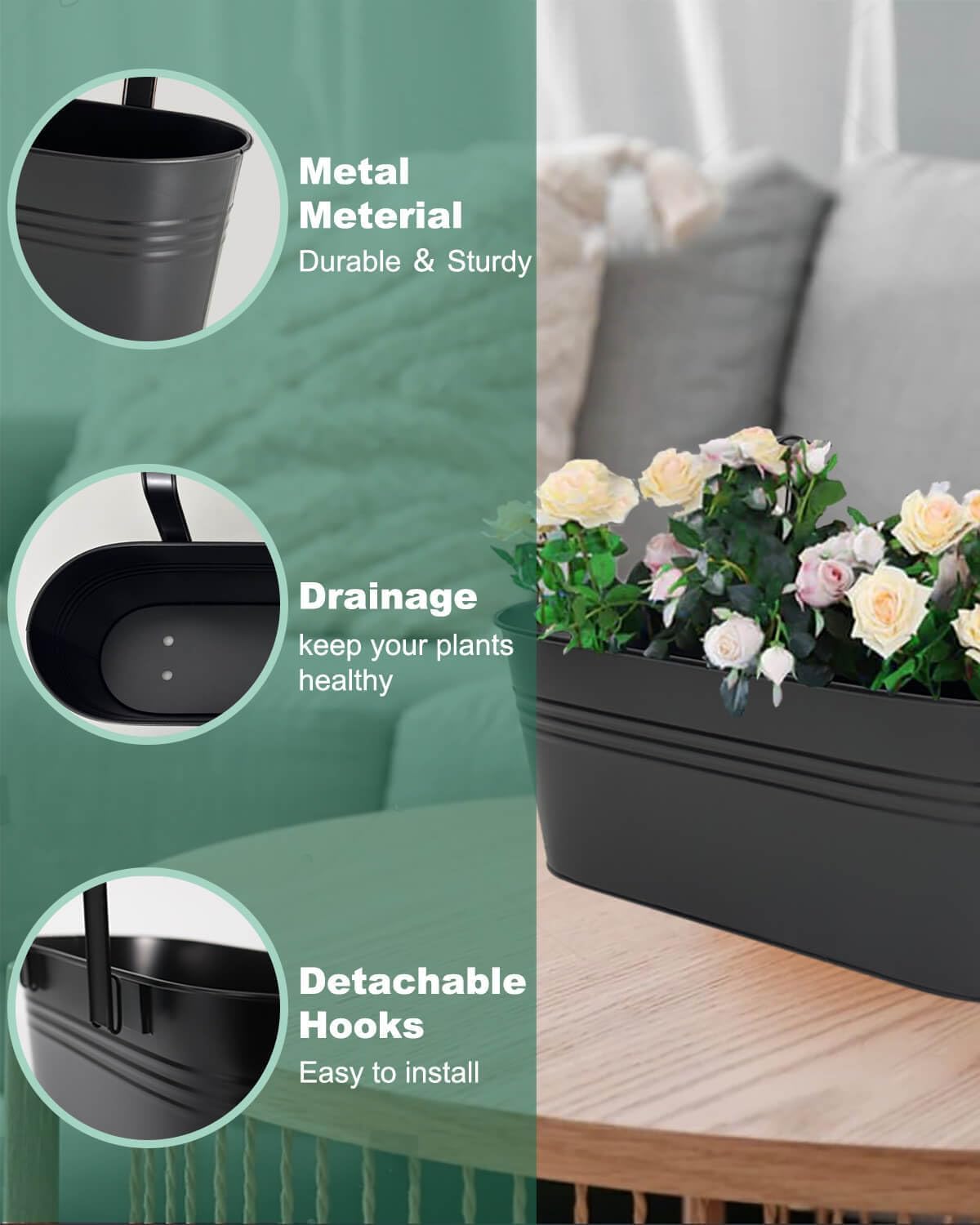 vensovo 16 Inch Railing Planter for Outdoor Plants - 3 Pack Large Metal Balcony Hanging Planters with Detachable Hooks and Drain Holes Oval Box Rail Pots for Home Garden Fence, Black