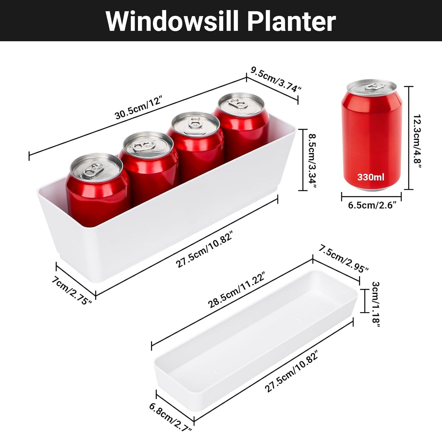 GREANER Flower Boxes, 3 Pack 12x3.8 Inch Rectangle Window Boxes, Herb Planters with Tray, Indoor Succulent Cactus Flowers Plastic Drawable Pot for Windowsill, Garden, Balcony, Office Outdoor (White)