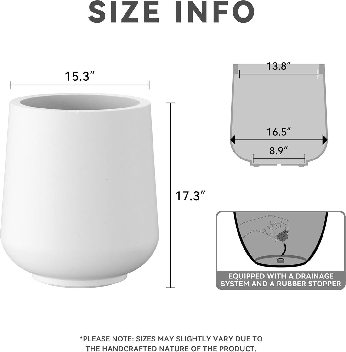 Kante 15.3" Dia Round Concrete Planter, Outdoor Indoor Large Plant Pots Containers with Drainage Hole and Rubber Plug for Home Garden Patio, Snow White