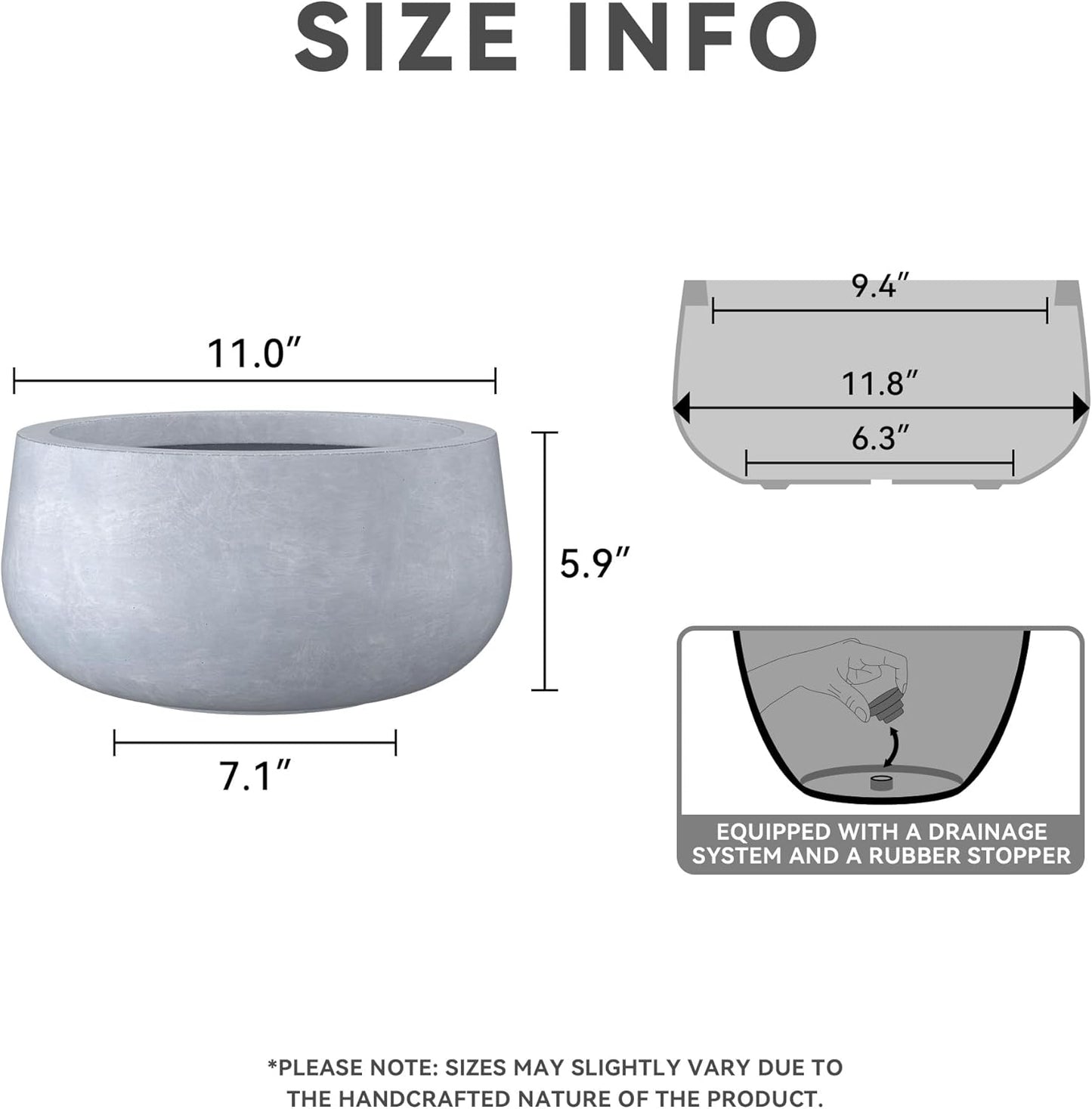 Kante 11.8" Dia Round Concrete Planter, Cement Plant Pots with Drainage Hole and Rubber Plug for Outdoor Indoor Garden Home, Modern Curvaceous Design, Gray