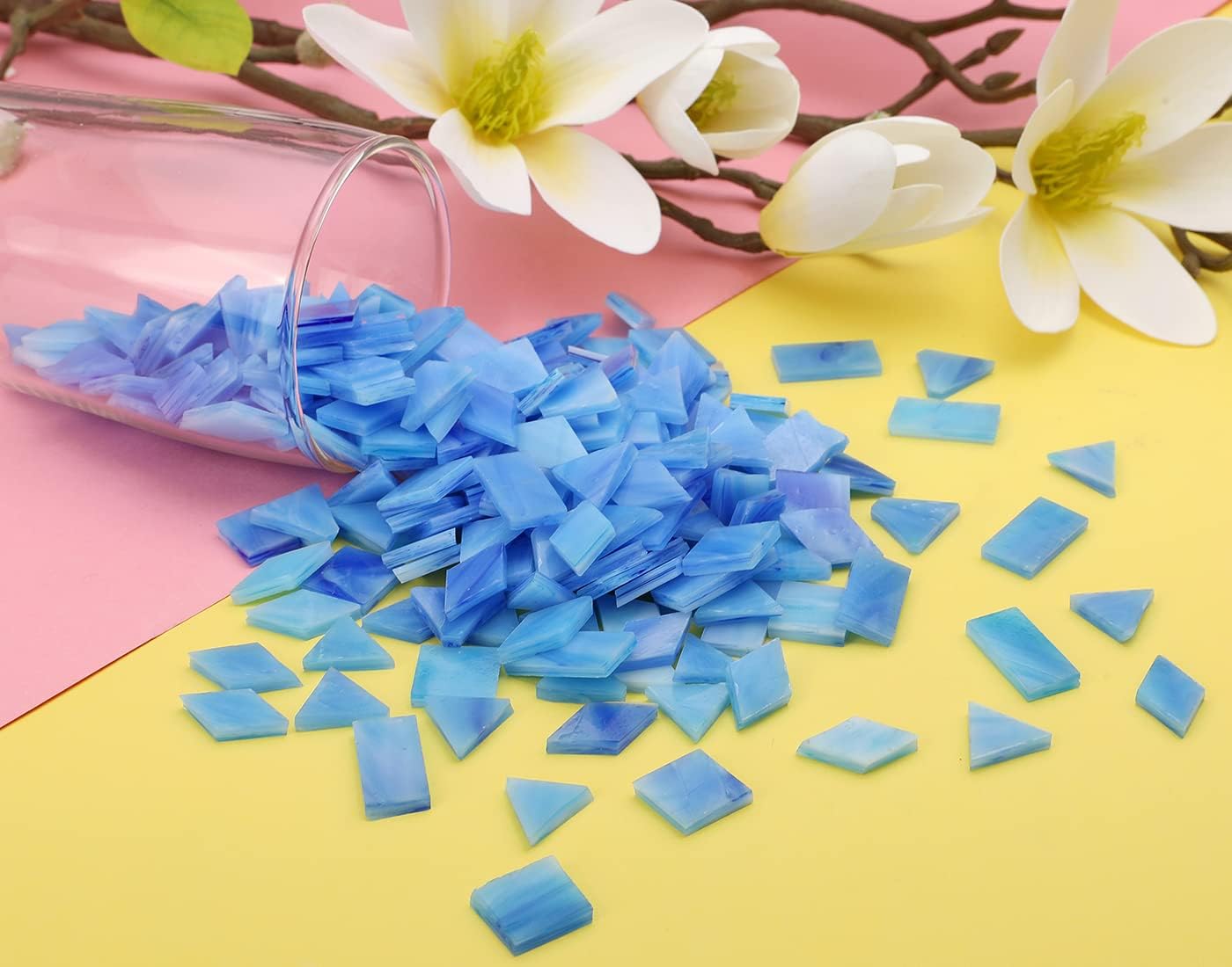 Lanyani 200pcs Glass Mosaic Tiles - Mixed Colorful Shapes: Square, Rectangle, Diamond, Triangle - Ocean Blue