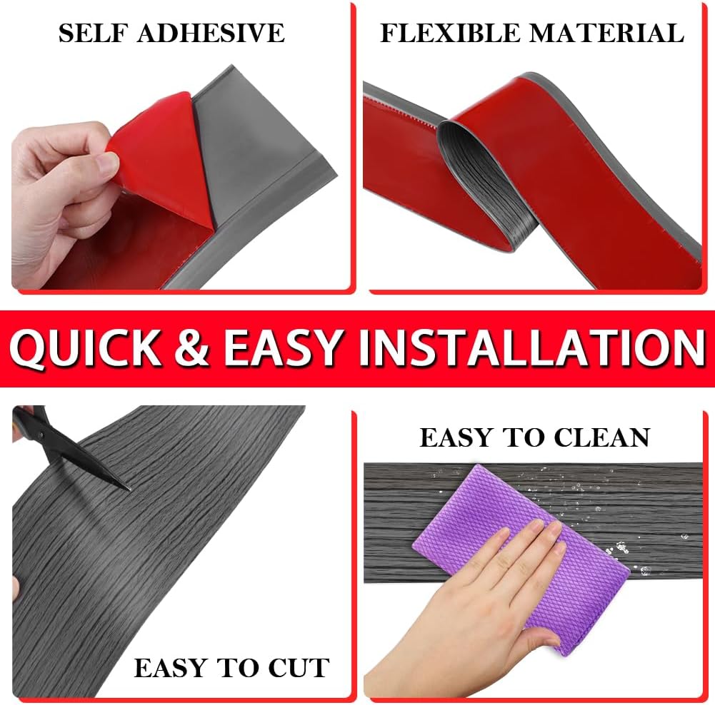 Vinyl Wall Base Baseboard Molding Trim 4" Flexible Self Adhesive Rubber Wall Base Moulding Trim Peel and Stick Design, 4 Inch x 200 Feet, Dark Gray Wood