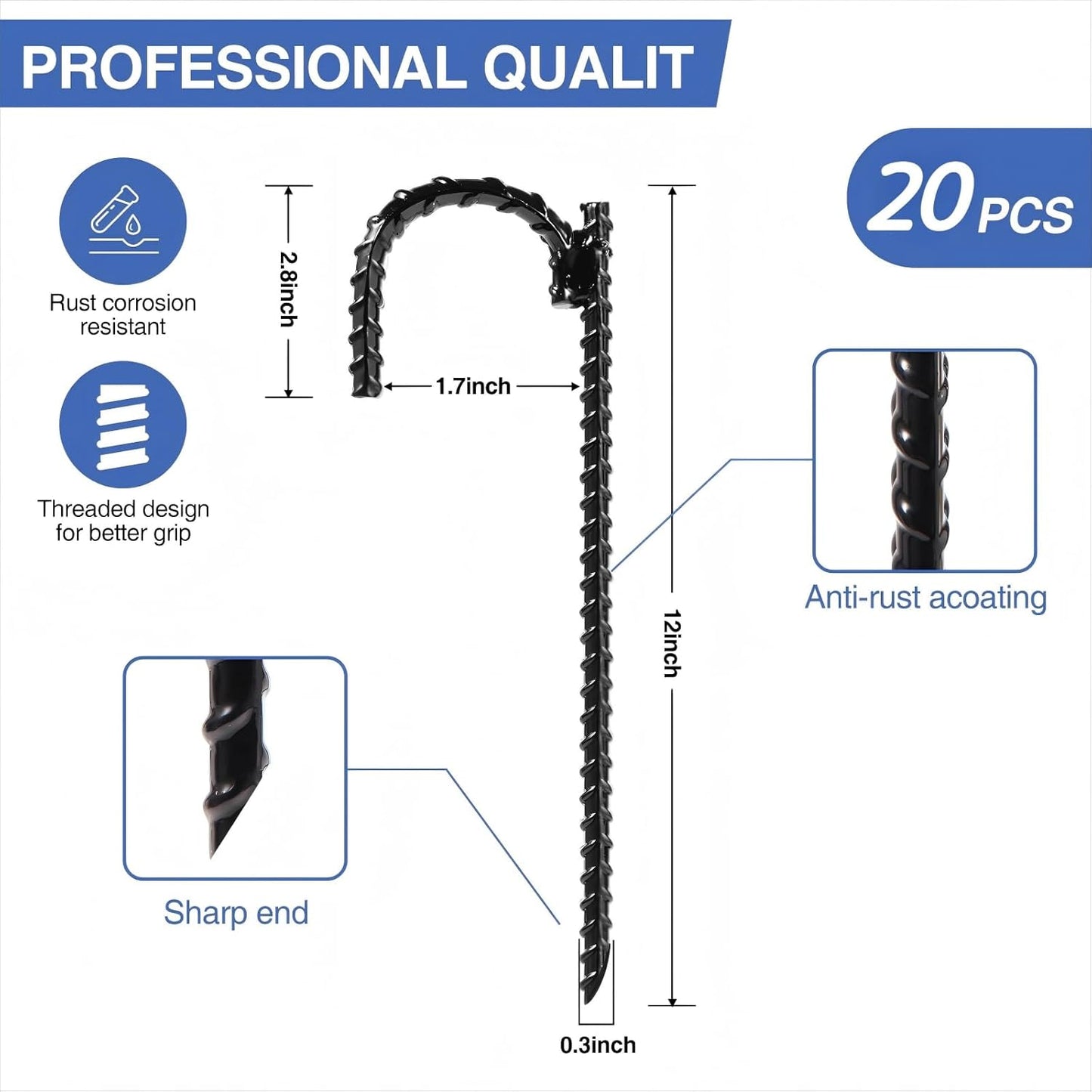 20pcs Threaded Steel bar Stakes/Ground Stakes/Outdoor Fence Ground Stakes.New J Hook Heavy-Duty rebar Metal Stakes ，Proof Coated Steel Ground Stakes with Chisel Point End. (20)