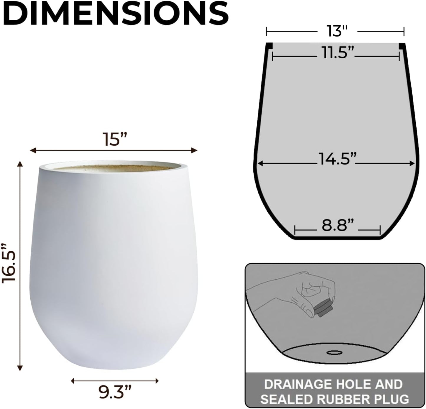 16.5" H x 15" D Corso Fiberstone Round Tapered Planter with Drainage Hole, Smooth Finishes, Weather Resistant for Indoor & Outdoor Use, Included 2 Extra Coco Mats (White, 11.5" Pot Opening)