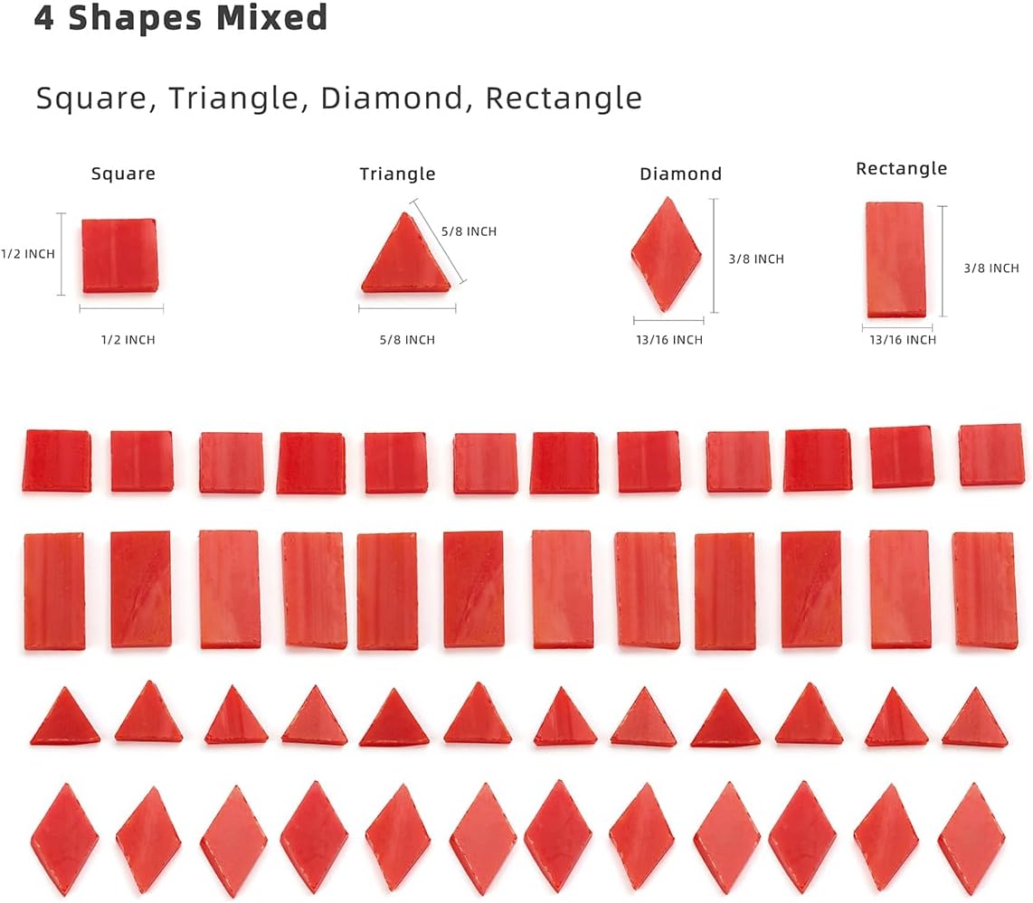 Lanyani 200 Pieces Glass Mosaic Tiles for Crafts,4 Shapes Mixed Colorful Tiffany Stained Glass Pieces,Square/Rectangle/Diamond/Triangle,Fire Red