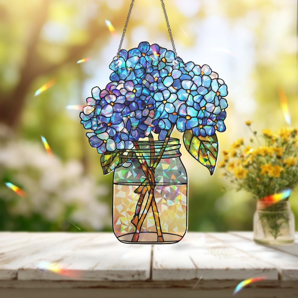 Hydrangea Flower Stained Glass Suncatcher – Acrylic Window Ornament, Sun Catchers Indoor Window Decor for Kitchen and Garden Gift, Housewarming Xmas Gift for Mom, Nana, Grandma
